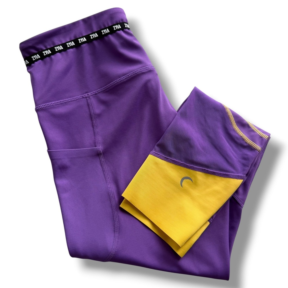 Zyia Active Women's 6-8 Purple Yellow Game Day Light n Tight Pocket 7/8 Leggings